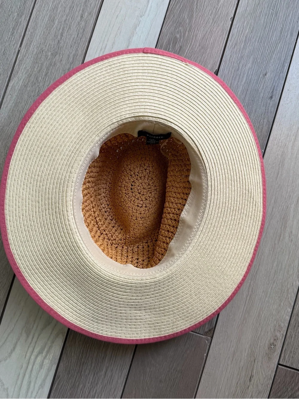 Halogen Wide Brim Sun Hat with Pink Trim and Natural Weave